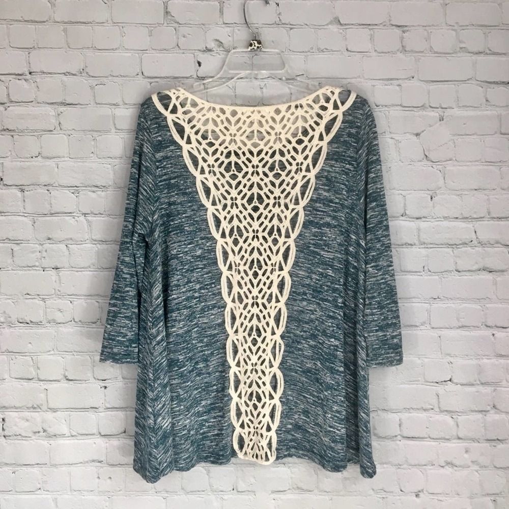 Umgee Crochet Back Heathered Long Sleeve Top Blue Medium Semi-Sheer Blouse